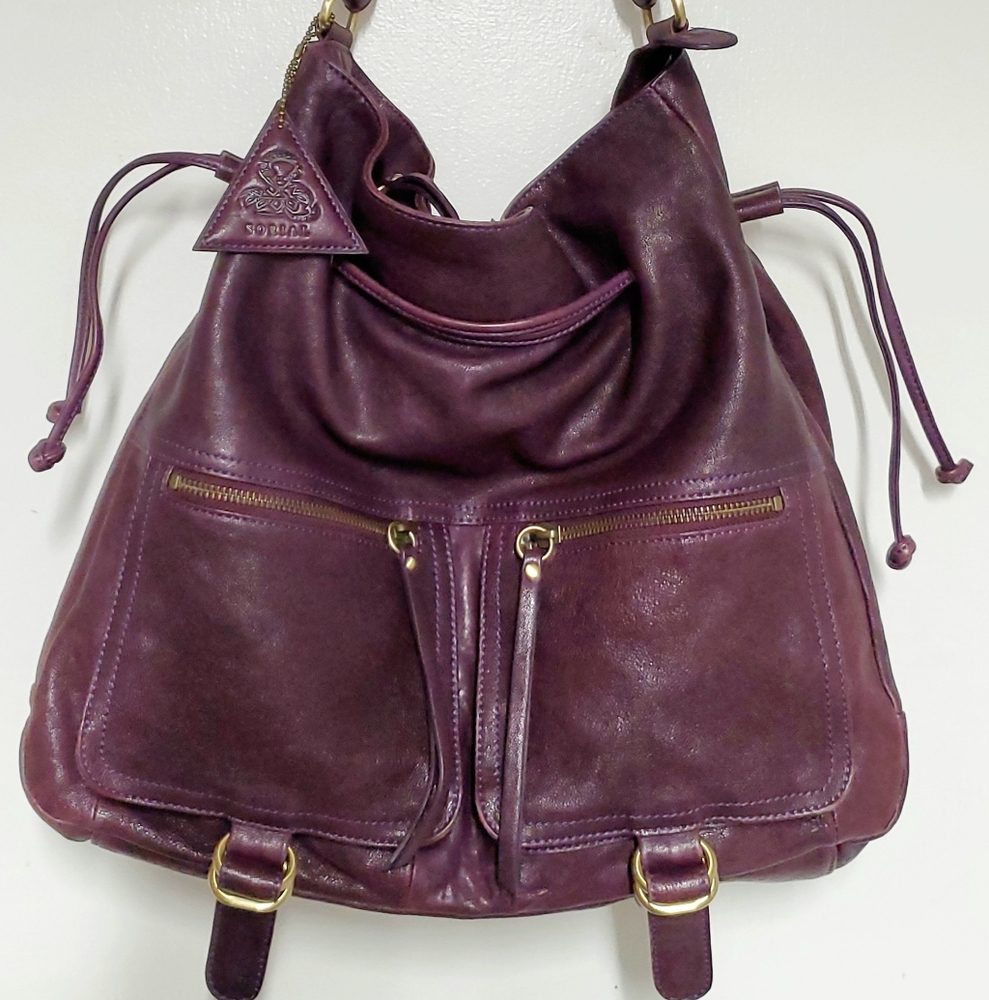 Sorial New York Women's Purple Leather Purse With Drawstring Zipper Closure